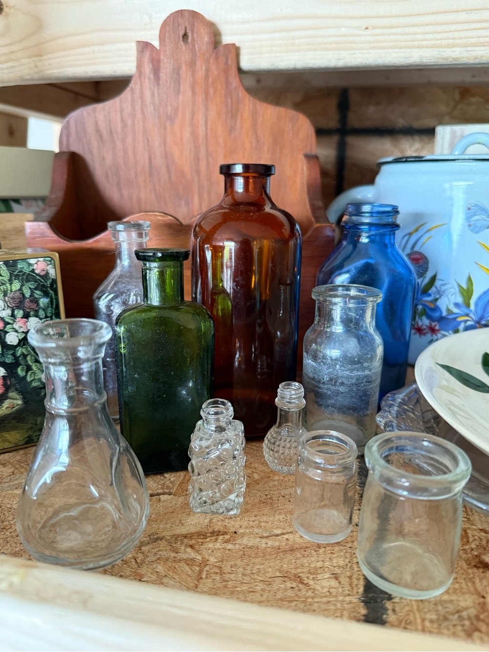 Vintage Assorted Glass Bottles - Blue, Amber, Green, Clear